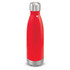 A drink bottle in vibrant red with a stainless steel base and a silver lid, featuring a logo.