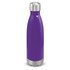 A drink bottle in vibrant purple with a silver stainless steel cap and bottom. Features a logo.