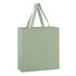 A green cotton tote bag with two sturdy handles and a simple design. It features a logo on one side.