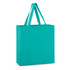 A teal cotton tote bag with two straps and a simple design. It features a logo on the side.