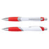 A plastic pen with a white barrel and red grip, featuring a silver clip and accents. Includes branding on the surface.