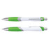 A plastic pen with a white barrel and green accents, featuring a silver clip and grip section.