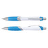 A white plastic pen with blue accents and a silver clip, featuring a textured grip for comfortable writing.
