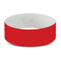 A red Tyvek event wristband featuring a solid colour and a simple design, with a branding logo present.