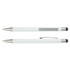 A Lancer stylus pen with a white barrel and metal accents, featuring a pen tip and a stylus tip.