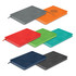 A medium notebook featuring various colours: grey, orange, red, green, turquoise, and navy, with a logo on the cover.