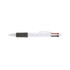 A plastic pen with a white body, black grip, and red and blue accents. It features a logo on the body.
