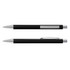 A black metal pen with a silver clip and tip, featuring a sleek design and a logo on the barrel.