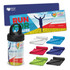 A collection of cooling towels in various colours, alongside a drink bottle with a logo, and a promotional banner.