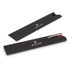 A metal pen in a sleek black presentation box, featuring a shiny silver clip and red accents. The box has a logo.