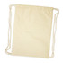 A beige drawstring backpack with two rope straps and a simple design. It features a logo.