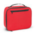 A red lunch cooler bag with a zippered compartment and a top handle. It features a front pocket and a black zipper.