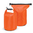 Two orange dry bags, one larger and one smaller, featuring black straps and closures. Each bag has a logo.