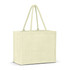 A light green jute tote bag with two handles and a simple design, featuring a logo.