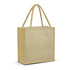 A tan tote bag with two handles, featuring a simple design and a single logo.