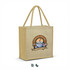A beige tote bag with sturdy handles features a graphic of a coffee cup and pastries, complete with a logo.