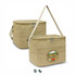 A natural jute cooler bag with a zip closure and a shoulder strap, featuring a logo on the front.