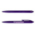 A purple plastic pen featuring a branding logo, designed for promotional use.