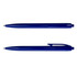 Two blue plastic pens are displayed, featuring a click mechanism and a sleek design. Each pen has a clip and black ink.