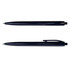A navy plastic pen featuring a smooth finish and a click mechanism, with a branding logo present on the side.