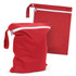 A red wet bag with a zippered closure, accompanied by a flat zippered pouch of the same colour.