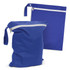 A blue wet bag with a zippered top and a smaller zippered pouch, both featuring handles.