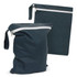 A set of dark green wet bags, one with a zipper and handle, the other a flat pouch with a zipper. Both feature a logo.