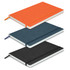 A notebook assortment features an orange, navy blue, and black cover, each with a logo and a ribbon marker.