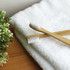 Two bamboo toothbrushes with white bristles resting on a white towel, accompanied by a small green plant.