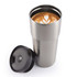 A stainless steel vacuum cup with a black lid, featuring a latte with heart latte art inside.