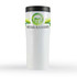 A drink bottle in white with a black lid and a logo featuring green accents. It is a vacuum thermos.