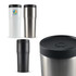 A drink bottle set featuring three thermoses in white, stainless steel, and black with black lids. Each has a logo.