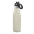 A drink bottle in a light grey finish features a black flip lid and a handle. It has a sleek, curved design and a logo.