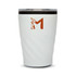 A reusable coffee cup in white with an orange logo, featuring a textured design and a clear lid.