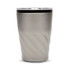 A reusable coffee cup in brushed stainless steel with a spiral design and a clear lid. Features a logo.