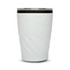 A reusable coffee cup in white with a twist design and a transparent lid, featuring a logo on the side.
