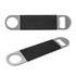 A drink bottle opener with a sleek metal finish and a black leather grip, featuring a circular hole and a bottle cap remover.