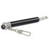 A black tyre pressure gauge key ring featuring a chrome nozzle and a metal clip for attachment.