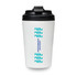 A reusable coffee cup in white with a black lid and a logo on its surface.
