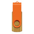 A bamboo flash drive with an orange, swivel cap; features a circular hole for easy attachment.