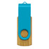 A bamboo flash drive with a turquoise top and a circular hole for attachment. It features a logo on the surface.