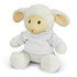 A fluffy white lamb plush toy wearing a white long-sleeved shirt, seated with its arms extended.