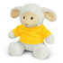 A fluffy white lamb plush toy wearing a bright yellow shirt, sitting upright with a friendly expression.