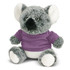 A grey koala plush toy wearing a purple shirt, featuring large ears and a black nose. It has a soft, cuddly appearance.