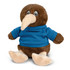 A brown kiwi plush toy wearing a blue shirt, featuring large eyes and a long beak, with a logo on its shirt.