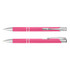 A pink metal pen set with chrome accents, featuring a sleek design and a stylus tip. Includes a pen with a clip.