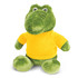 A green crocodile plush toy wearing a bright yellow shirt, with large eyes and a friendly expression.