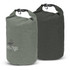 Two dry bags in olive green and dark green, each with a secure roll-top closure and a logo design.