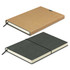 A recycled soft cover notebook in green and brown, featuring an elastic band and a logo on the cover.