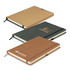 A collection of three hard cover notebooks in brown, green, and tan colours, each featuring a logo.